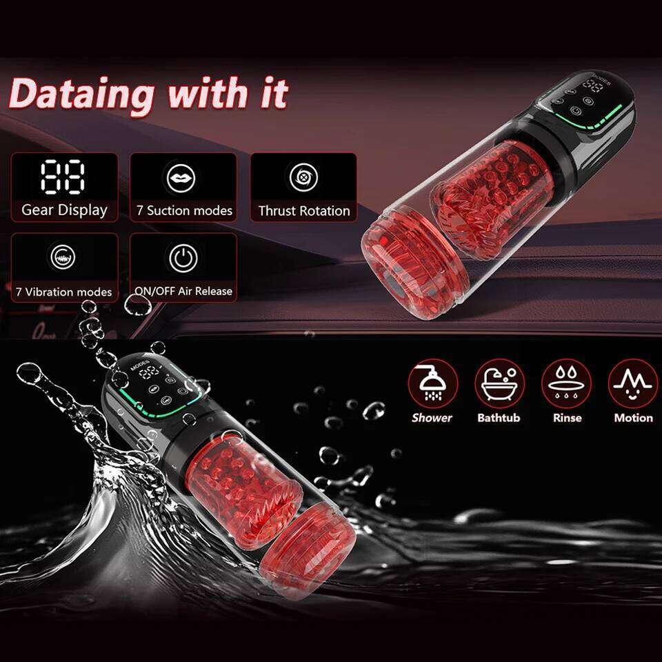 Automatic male Masturbator Pocket Cat 7 push Rotary vibration Suck Lick Stroking vacuum and LCD Screen Penis pump Adult toy W260305