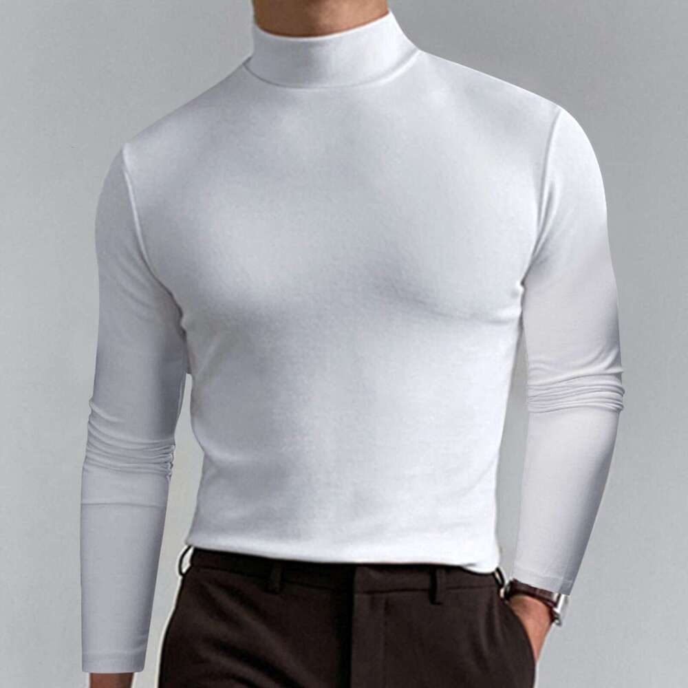 Amazon Foreign Trade European and American Clothing 2023 Autumn Winter High Collar Long Sleeve T-Shirt Men's Base Shirt Comfortable Solid Color T