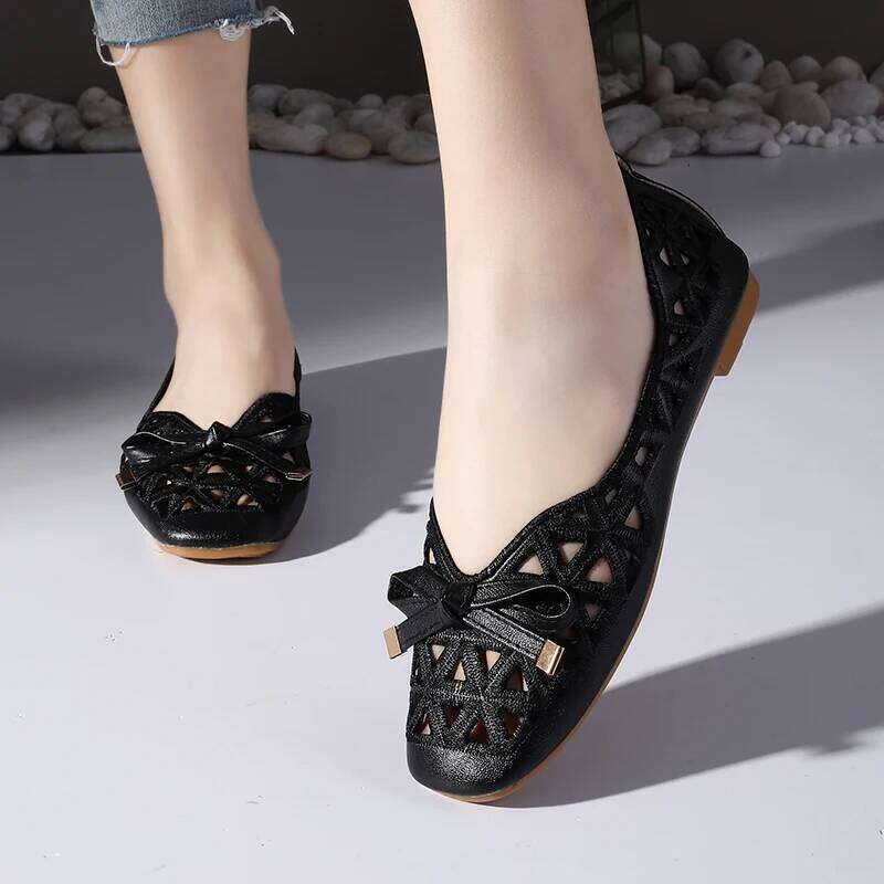 New Women's Retro Bow Single - Hollow Breathable Shallow Cut Square Head Shoes, Comfortable Soft Sole Flat Shoes