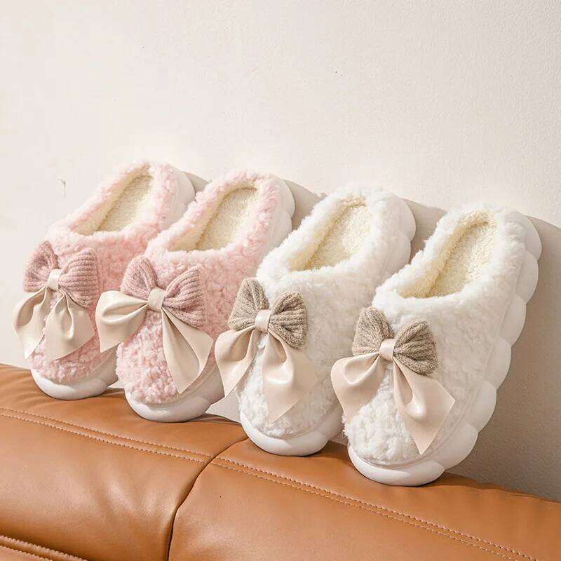 Women's Slippers Thick-Soled Soft-Soled Bedroom Cotton Shoes Outdoor Indoor Winter Plush Non-Slip Bow Warm Houseshoes