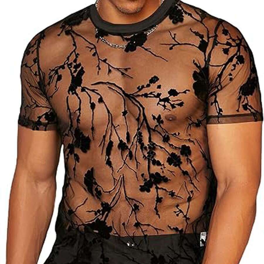 2026 New Summer European and American Thin Floral Design Flocked Sexy Round Neck Sheer Mesh Short Sleeve T-Shirt