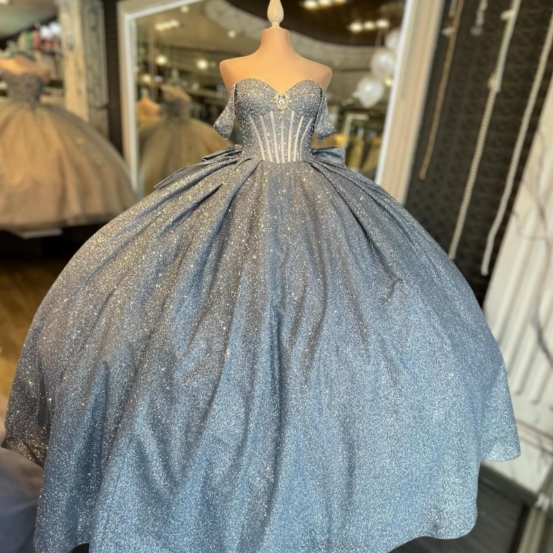 Aqua Blue Shiny Quinceanera Dresses Ball Gown Off The Shoulder Beading Crystal Bow Corset Party Birthday Sweet 16 Dress Vestidos 15 De Anos