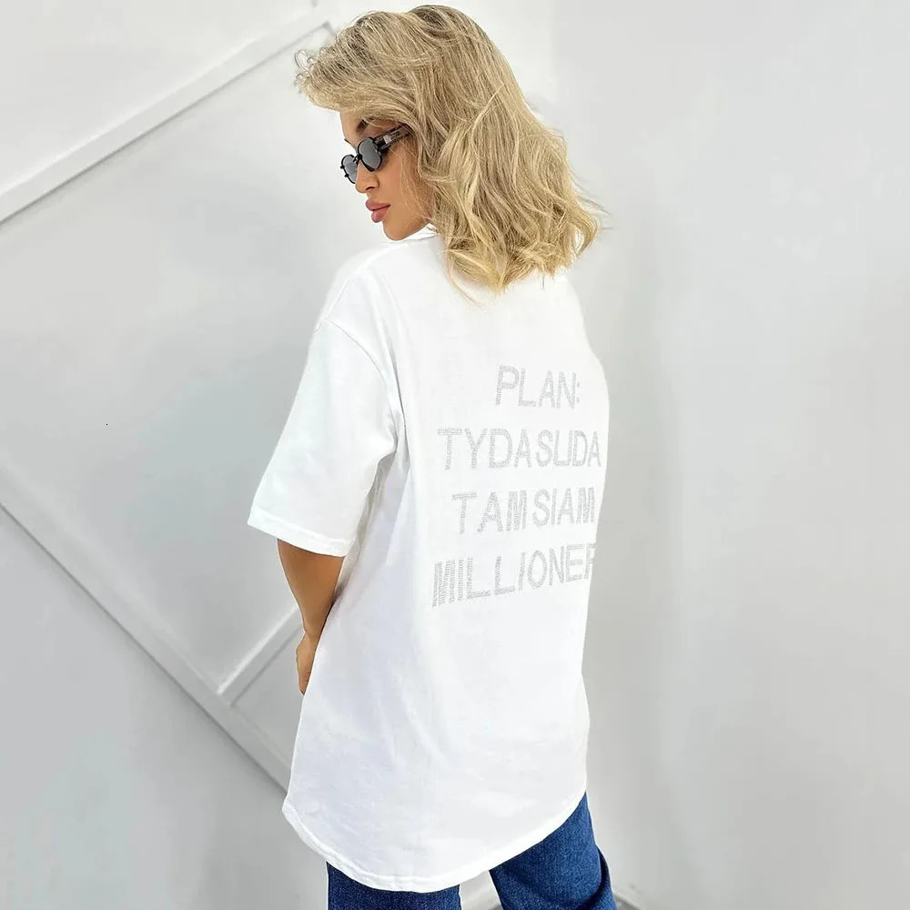 Rhinestone Letter Casual Tee Shirt Oversize Bodyfriend Style Korean O Neck Summer T Shirt Women Streetwear Harajuku Tops 260304