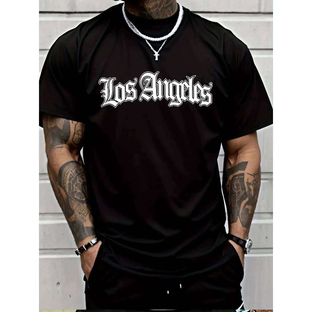 New men's casual polyester fabric breathable round neck T-shirt with letter print pattern suitable for outdoor shopping wear 26H0306
