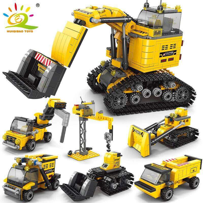 HUIQIBAO 535pcs 6in1 Engineering Truck Building Blocks City Construction Bulldozer Crane Car Bricks Set For Children TOYS Kids Z260306
