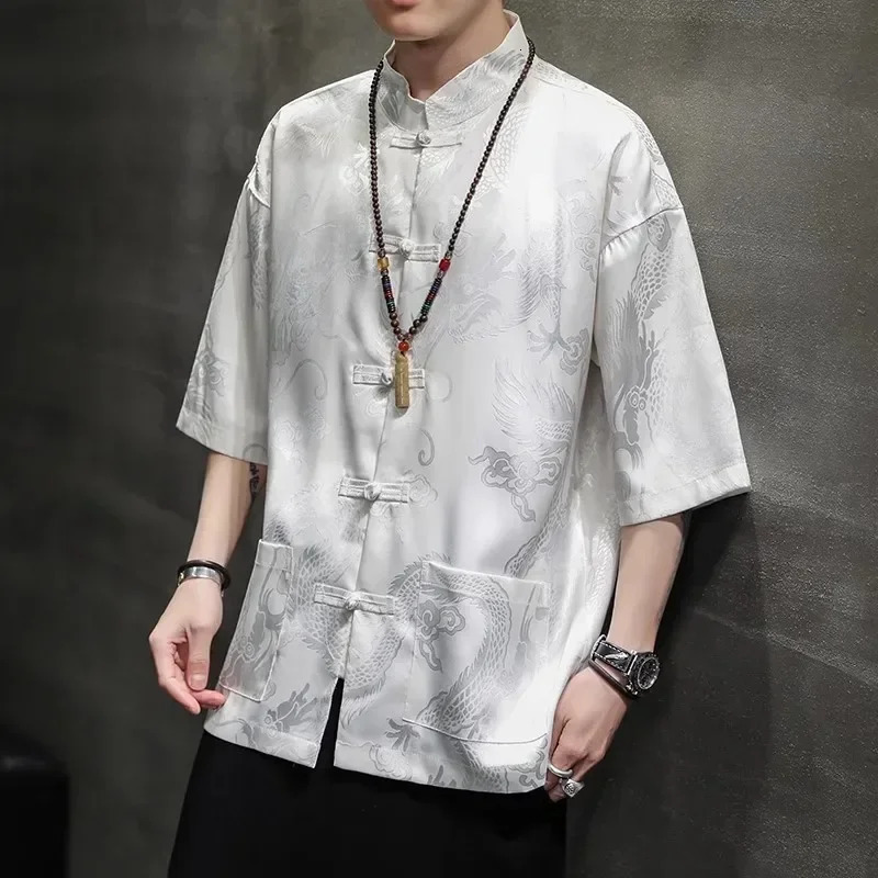 High Quality Summer Chinese Traditional Dress Dragon Embroidery Shirt Men Clothing Ice Silk Half Sleeve Vintage Tops Plus Size 260227
