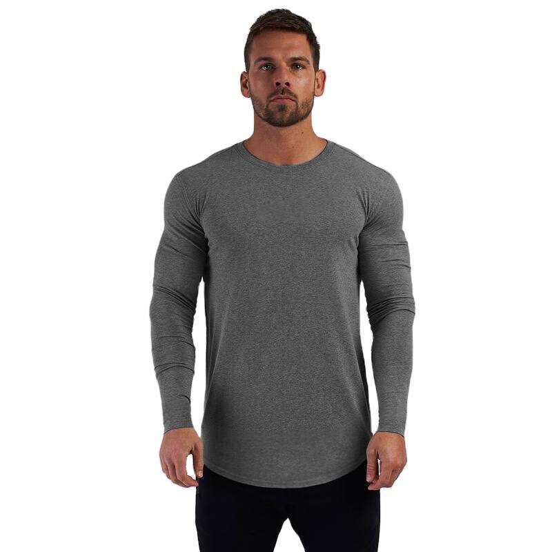 Solid Color Fitness T-Shirt for Men Round Hem Pure Cotton Breathable Slim Fit Sports Long Sleeve Autumn Winter Fashion Trend Base Shirt