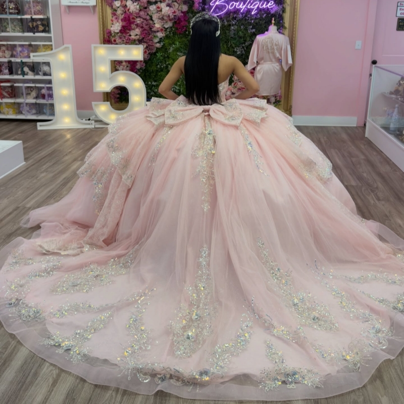 Pink Shiny Quinceanera Dresses Ball Gown Off The Shoulder Applique Lace Beading Crystal Bow Corset Party Birthday Sweet 16 Dress Vestidos 15 De Anos