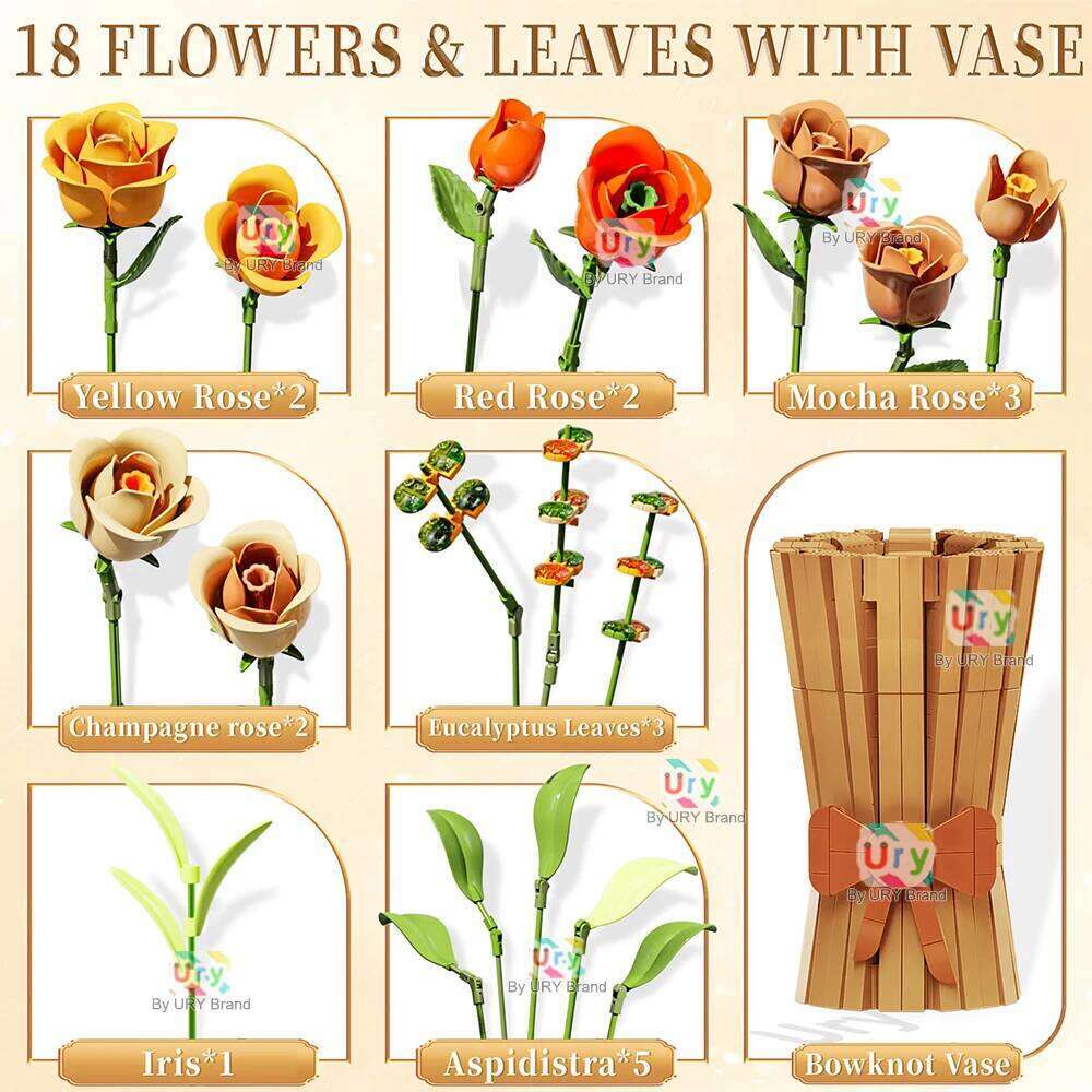 Flower Bouquet 3D Romantic Yellow Rose with Vase Set Assembly Building Block Model Home Decoration Valentine's Day Gift for Girl Z260305