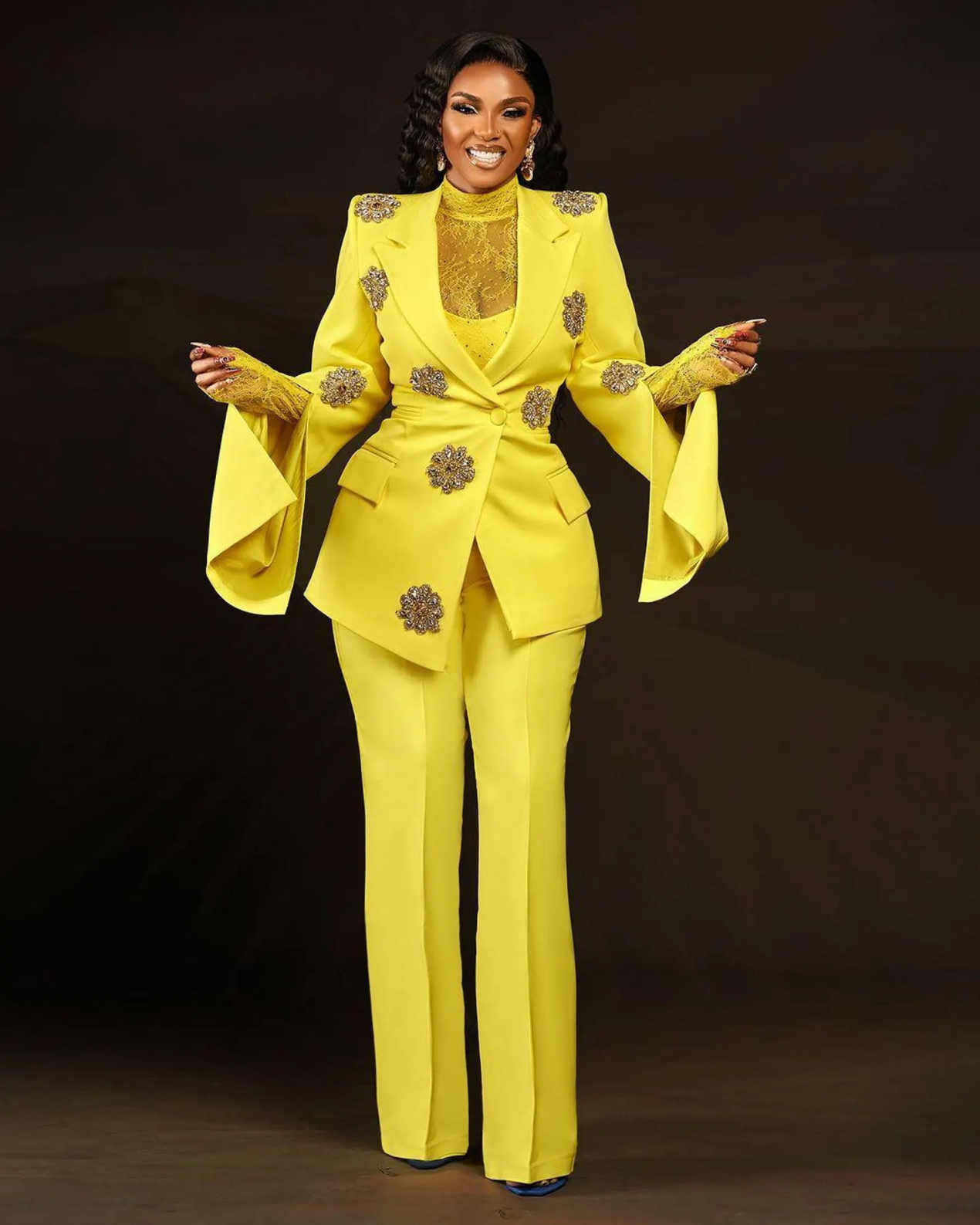 Bright Women Suits Peaked Lapel Single Breasted Bride Blazer Fashion 2 Piece Set Jacket Pants Mother Pants Suit Customized