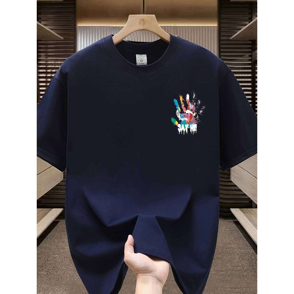 Men's Summer 100 Cotton Fashionable Casual Sports Loose Large Size Color Handprint Round Neck Short Sleeve T-shirt Top 26H0306