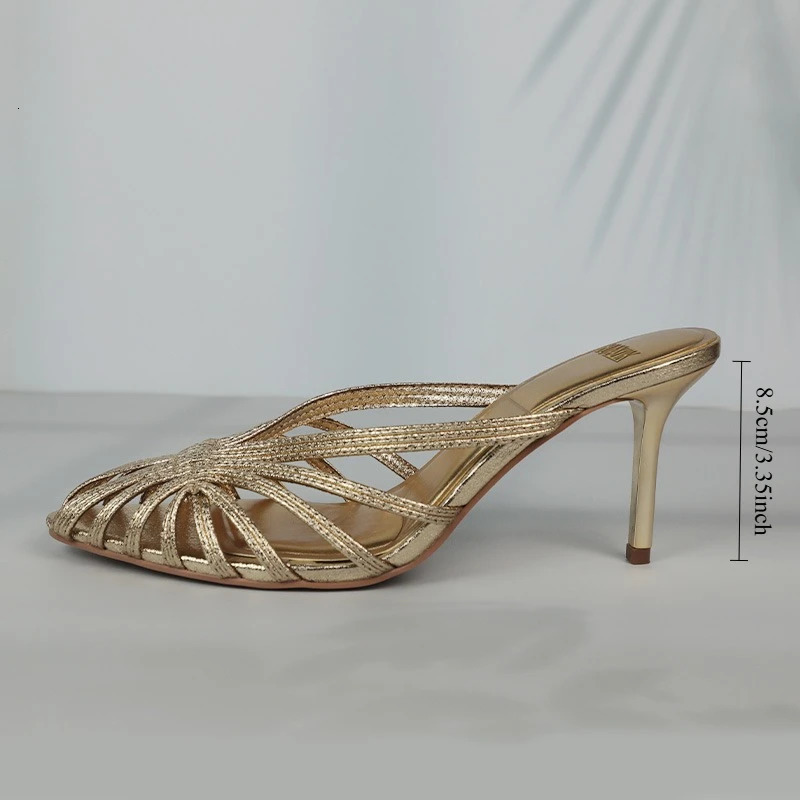 Gold Hollow Thin Strip Heels for Women Pointed Toe Heeled Pumps Office Lady Mules Summer Stiletto Shoe Sandals 260306