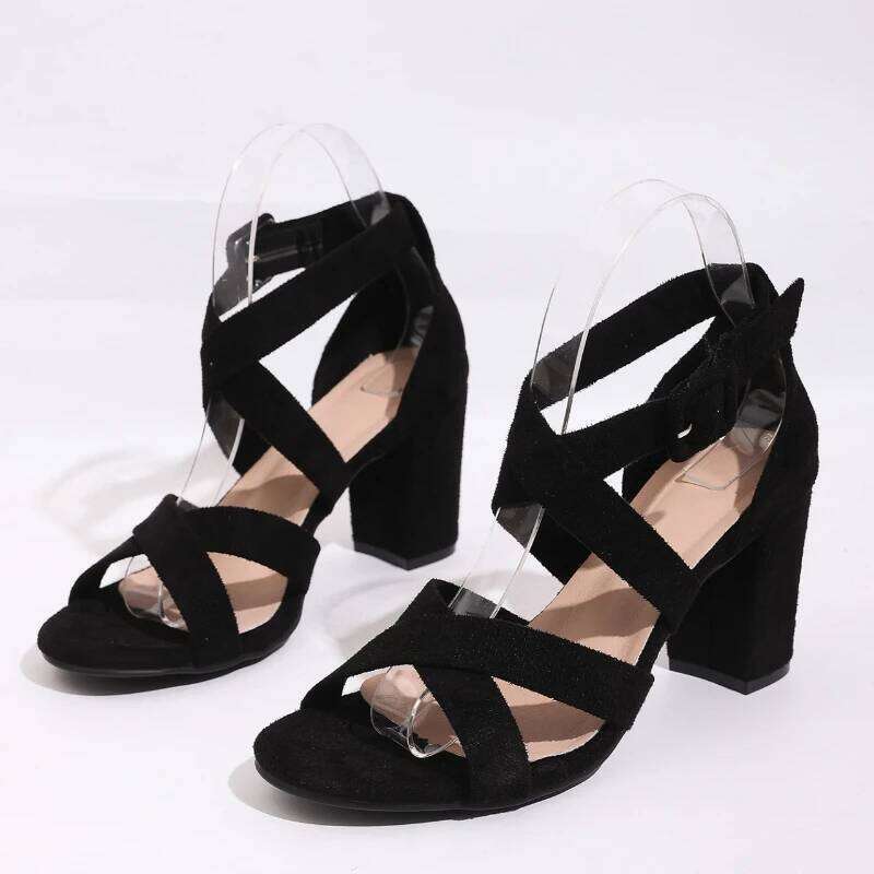 2025 Summer Women's New One Word Buckle Casual Black Simple Style High Heel Sandals