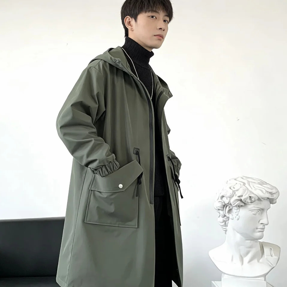 Trench Coat Men Casual Hooded Outwear Teens Pockets Temper Streetwear Chic Handsome Simple British Style Ropa Para Hombre 260302