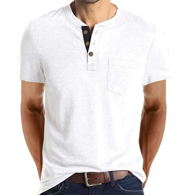 2024 Summer European and American Short Sleeve Foreign Trade Men's Henley T-Shirt Cross-Border Clothing Crew Neck Top