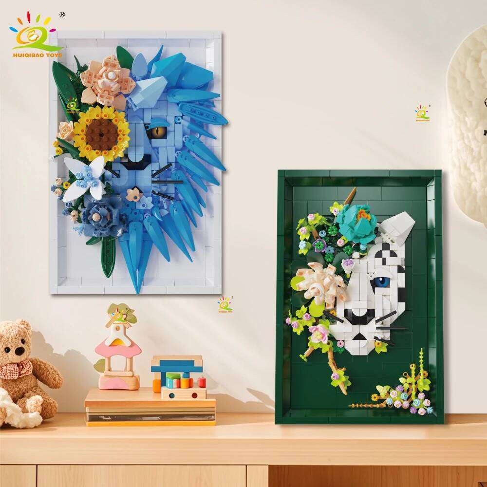 HUIQIBAO MOC Lion Leopard Shark with flower Building Blocks Animal model Hanging wall Brick Toy set display stand Home Decor. Z260306