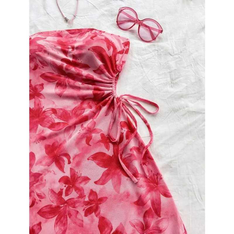 Womens 2025 Floral Print Tube Mini Dress Strapless Backless Party Club Short Ruched Drawstring Bodycon Party Dresses Streetwear X260306
