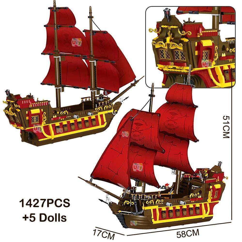 Pirates Ship Adventure Ideas Retro Red Black Boat Island Storm Vessel Flagship Movie Building Blocks Model Toy for Kid Xmas Gift Z260306