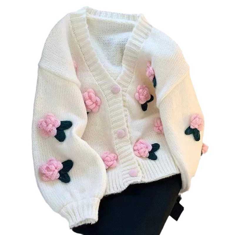 New 3D Flower Knitted Cardigan Women Sweet Cute Korean All-Match V-Neck Sweater Coat Autumn Winter Gentle Style Knitted Cardigan M260306