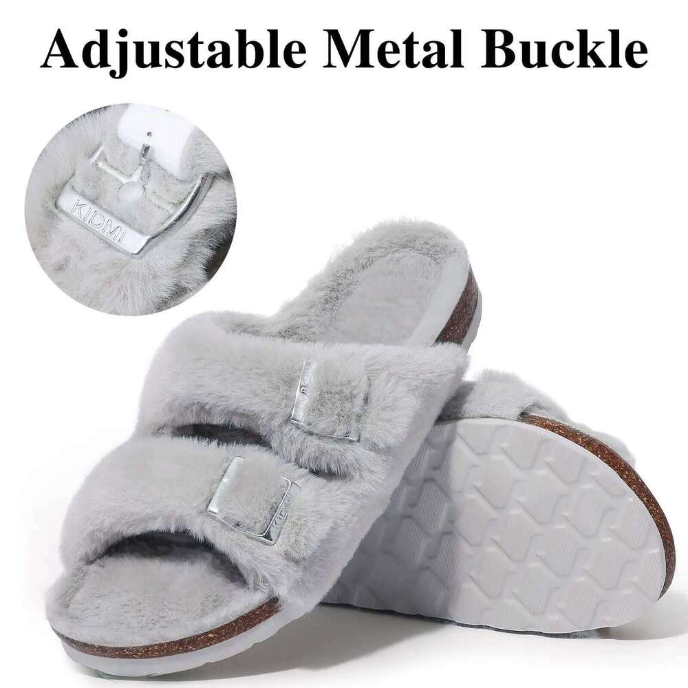 Litfun Winter Fluffy Slippers Arch Support Cork Insole Comfy Slides Furry Women's Sandals With Adjustable Buckle