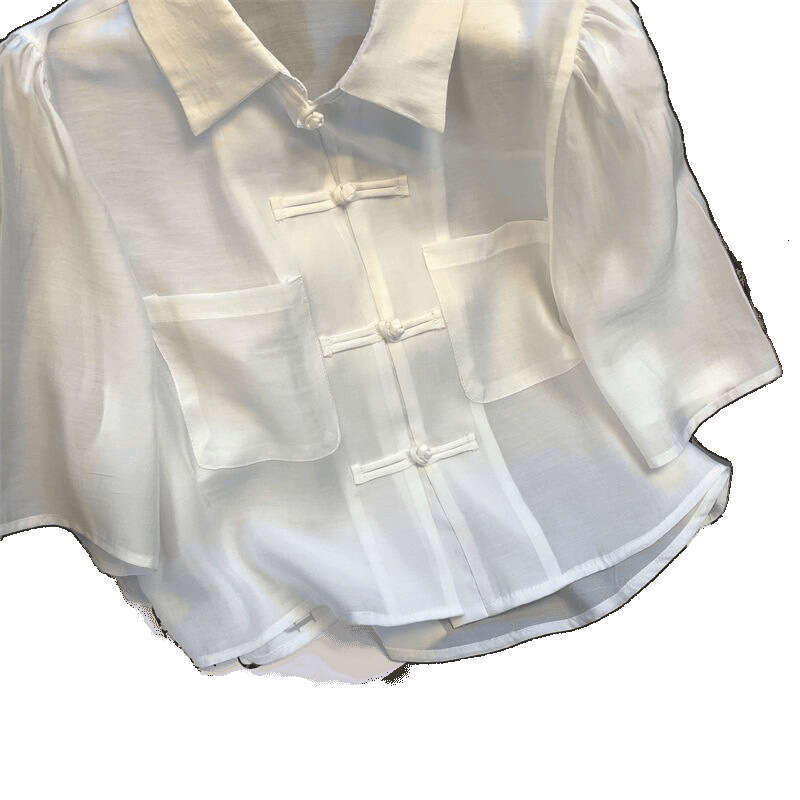 Summer Loose Pure Color Women's irt f Sve Button up Ne Design Casual Versatile Top for Office And Commute New Chinese Style frog button