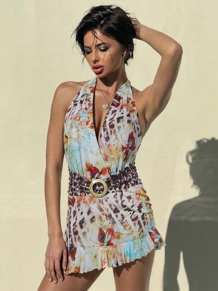 Weird Puss Leopard Print Halter Dress Women Irregular Hem Midnight Sexy Backless Deep V-Neck Skinny Stretch Bodycon Clubwear 260306