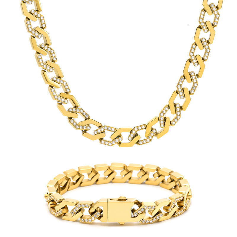 High-quality stainless steel diamond-encrusted Cuban wholesale, popular European and American cross-border jewelry, exaggerated gold chain with zircon