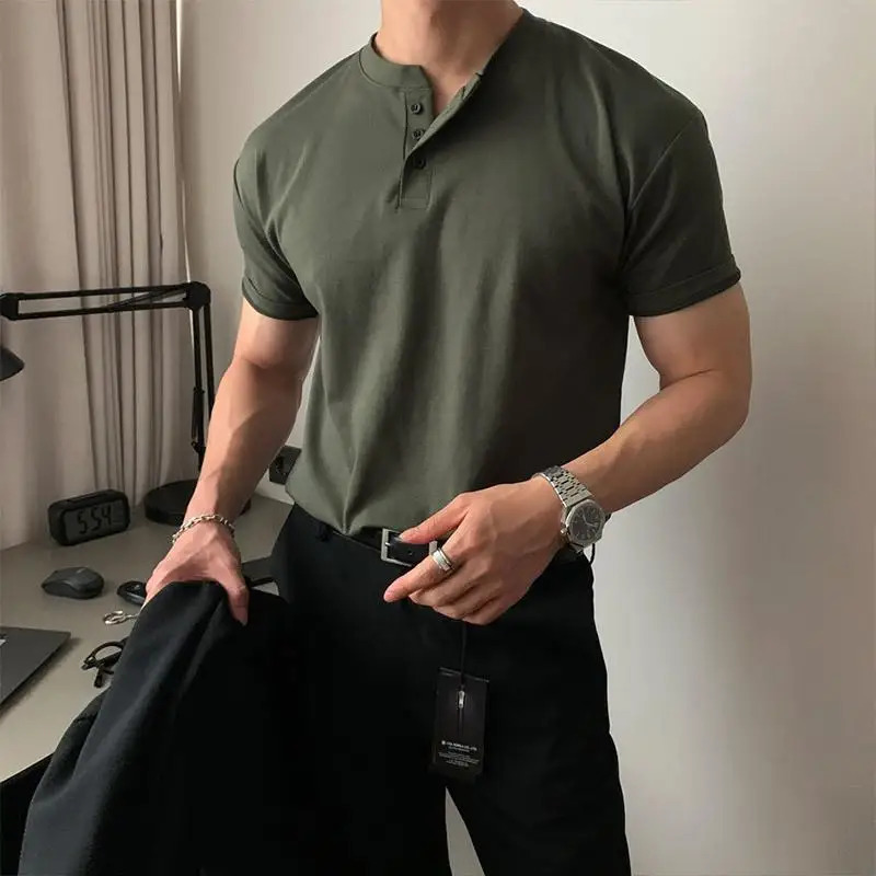 Summer Mens Short Sleeve Henley Neck T Shirts American Retro Casual Beach T-shirts Loose High-Quality Fitness Sports Shirt Tops 260304