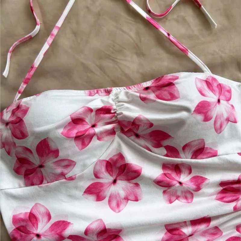 New Sexy Vacation Printed Mini Dress Women 2026 Summer Fashion Elegant Party Halter Neck Drawstring Sleeveless Irregular Dresses X260306