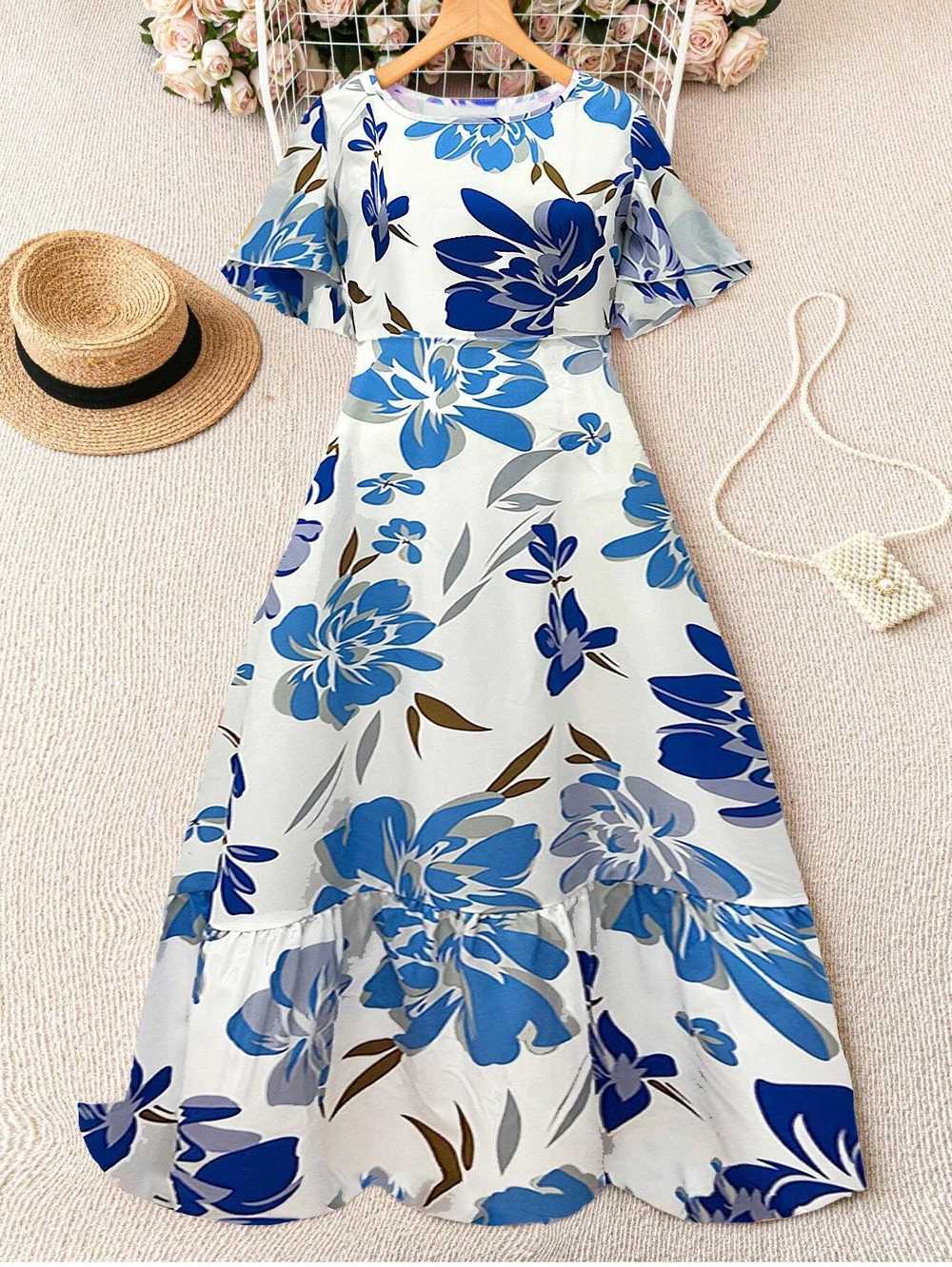 Womens French print frilly short sleeve crew neck dress and floor holiday beachwear X260306