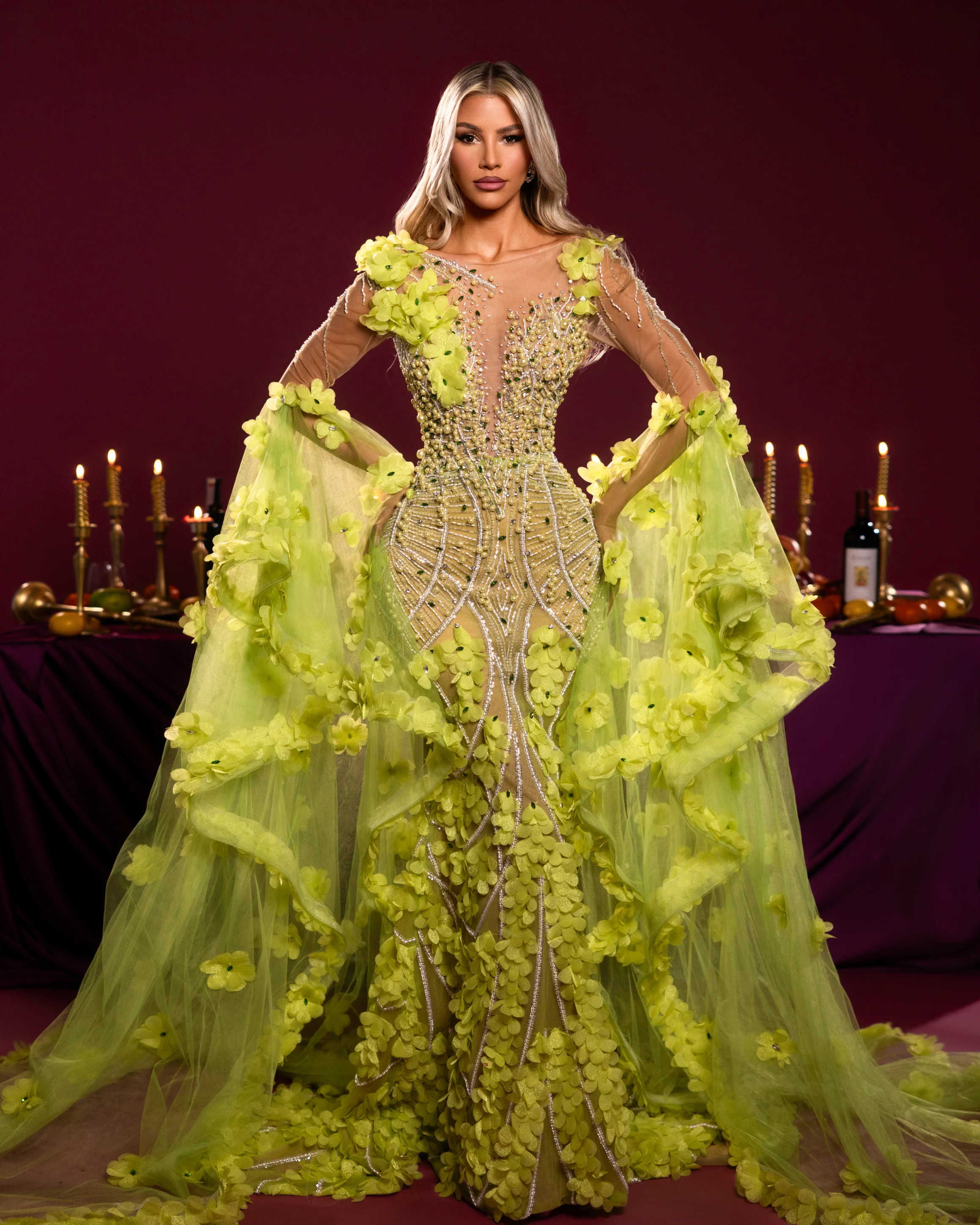 Good-Looking Evening Dresses Mermaid One Neck Appliques Pearls Prom Dresses Long Sleeve Celebrity Party Gown Customized Vestido De Novia