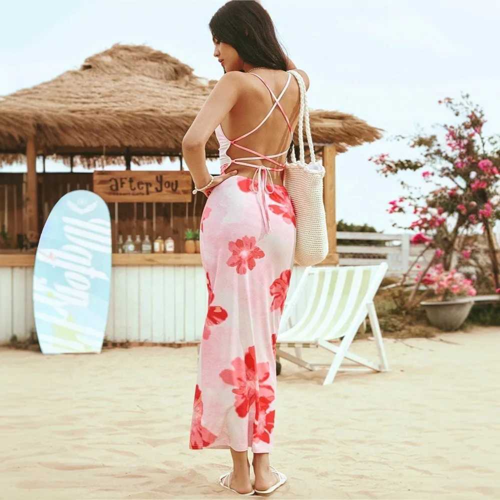 Spring and Summer Pink Floral Strapless Dress for Outings Travel and Resort - Beach and Sand Design with Print Long Dress X260306