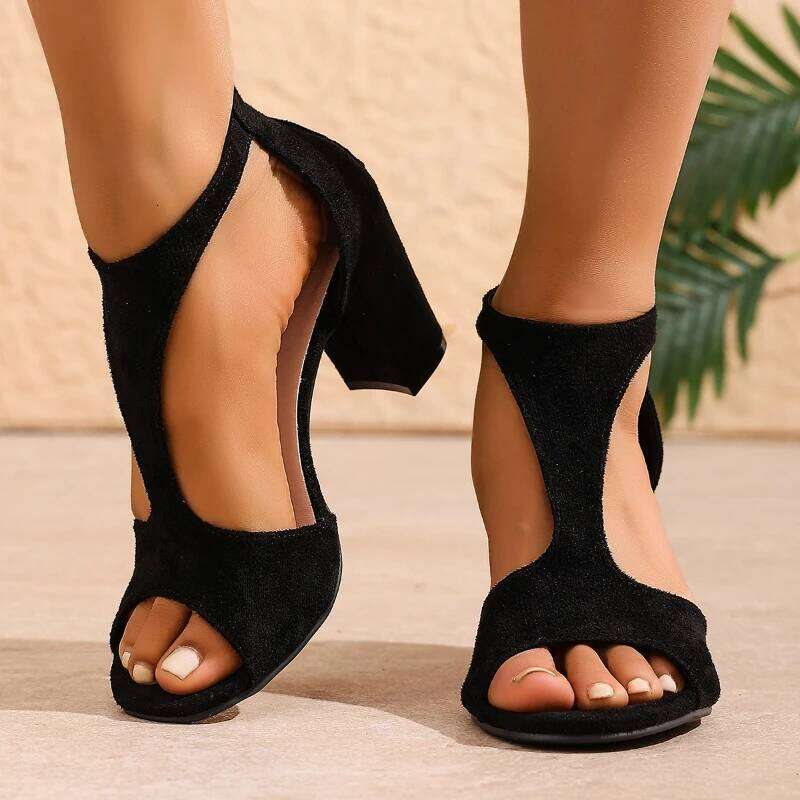 2025 Summer New Women's Fashionable and Comfortable High with Bare Toes Anti Slip Solid Color Coarse Heel Sandals