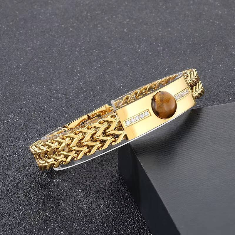 Fashion Tiger Eye Stone Rhinestones Inlaid Bracelets Mens Stainless Steel Double Layer Herringbone Links Cuban Chain Bracelet