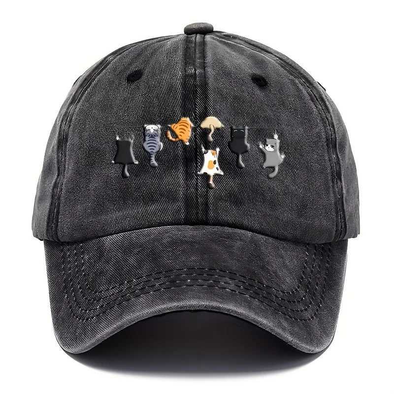 Trendy Cute Cat Print Washed Vintage Soft Top Sunshade Baseball Cap Unisex Versatile Baseball Cap S260306