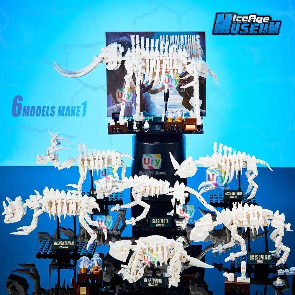 6in1 Museum of Ice Age Fossil Animals Mammoth Sabre Wulf Cave Bear Elasmotherium Glyptodont Set Building Blocks Toy for Kid Gift Z260305