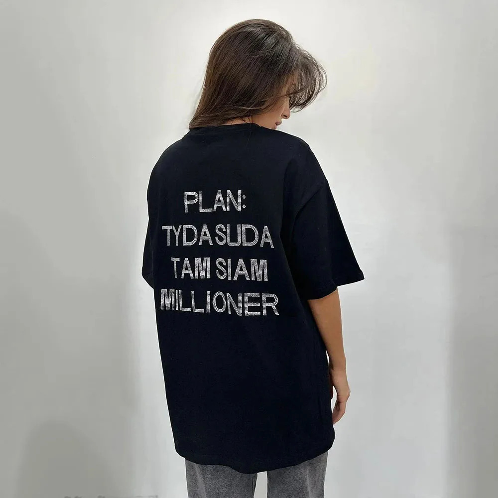 Rhinestone Letter Casual Tee Shirt Oversize Bodyfriend Style Korean O Neck Summer T Shirt Women Streetwear Harajuku Tops 260304