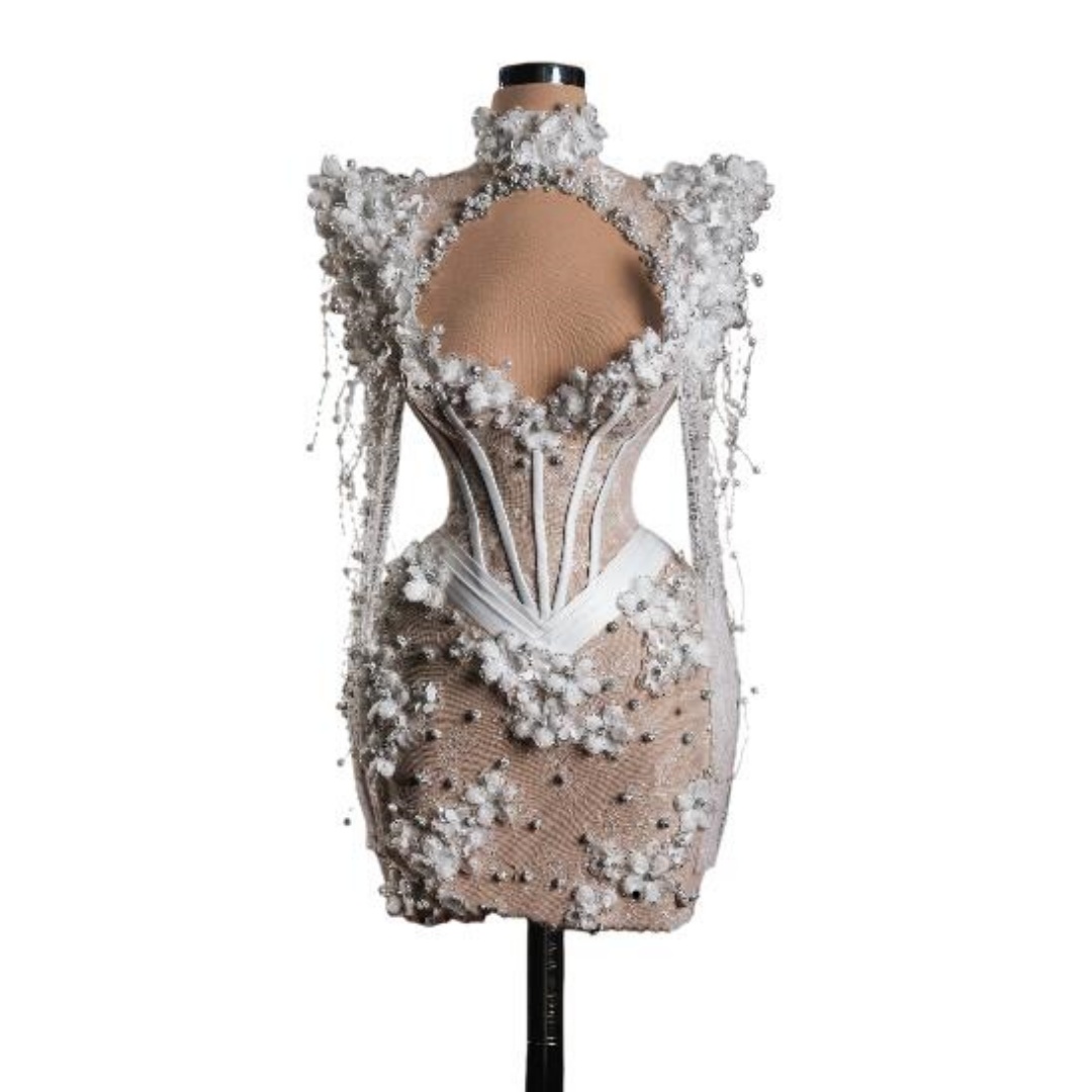 Sexy High Neck Pearls Prom Dresses Tassels Beaded Evening Dress Customized Appliques Above Knee Mini Cocktail Gown