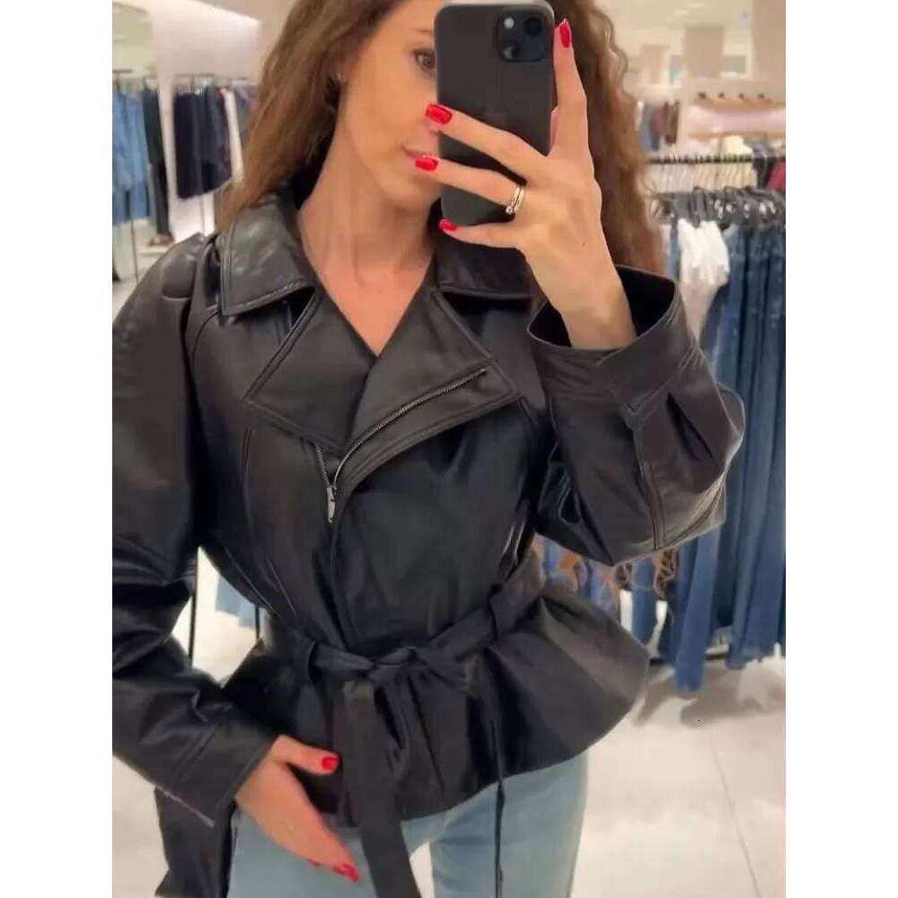 HH Women Fashion Black Short Faux Leather Trench Coat Long Sleeve Lapel With Belt Vintage Lady Motorcycle Jacket Outwear