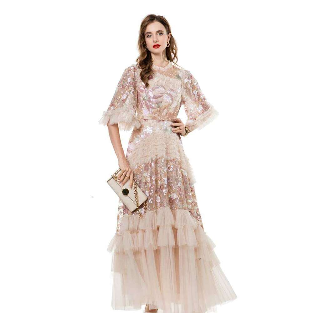 Women's Dress O Neck Short Sleeves Sequined Floral Patchwork Ruffles Elegant Designer Party Prom Gown Maxi Vestidos