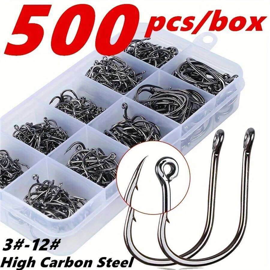 500pcs Small Size Freshwater Fishhook Fishing Set, Carbon Steel Worm Bait Jig Fish Hooks with Plastic Box S260305
