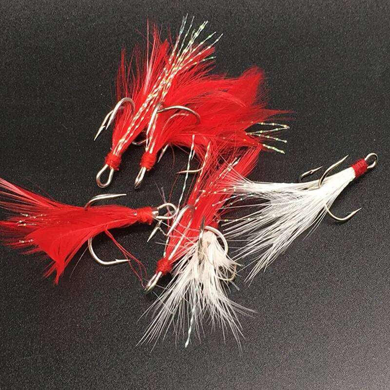 Fishing Treble Hook Lure Red White Feather Fishhook Round Base Hooks Size 2# 4# 6# 8# 10# Lot 5 Pieces Y260305