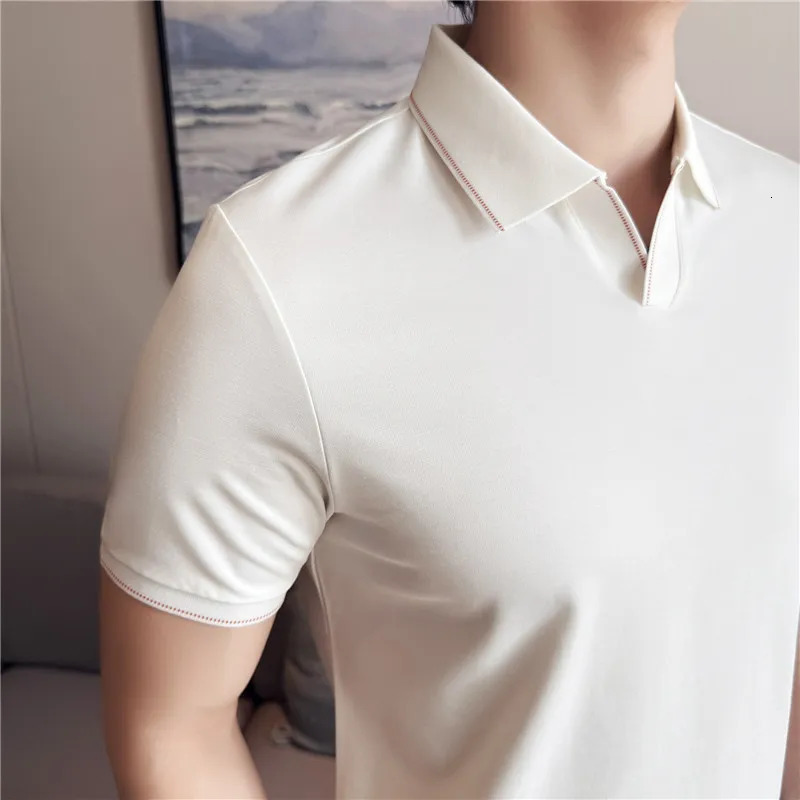 Men Polo Shirt Short Sleeved Summer Ice Silk Light Thin Soft Solid Casual Elastic Slim Fit T-shirt Daily Wear Streetwear Top 260304