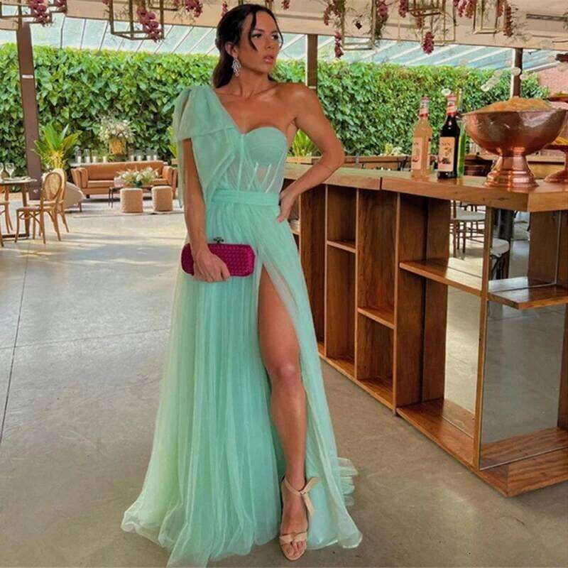Prom A Line Tulle Fuschia One Shoulder Bones Slit Floor Length Women Evening Long Formal Occasion Dress Customized