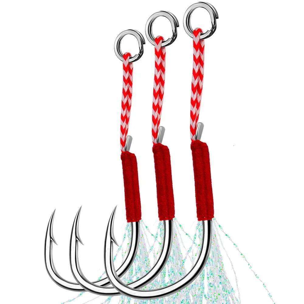 11#-20# Assist Hooks Single Jig Fishhook With Thread Feather Luminous Barbed Sea Hook For Fishing Lure S260305