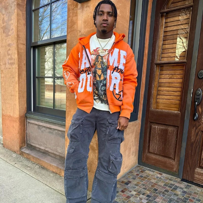 Quick delivery Y2K letter sticker printed street hip-hop style heavyweight hooded sweatshirt cardigan high street jacket 260303