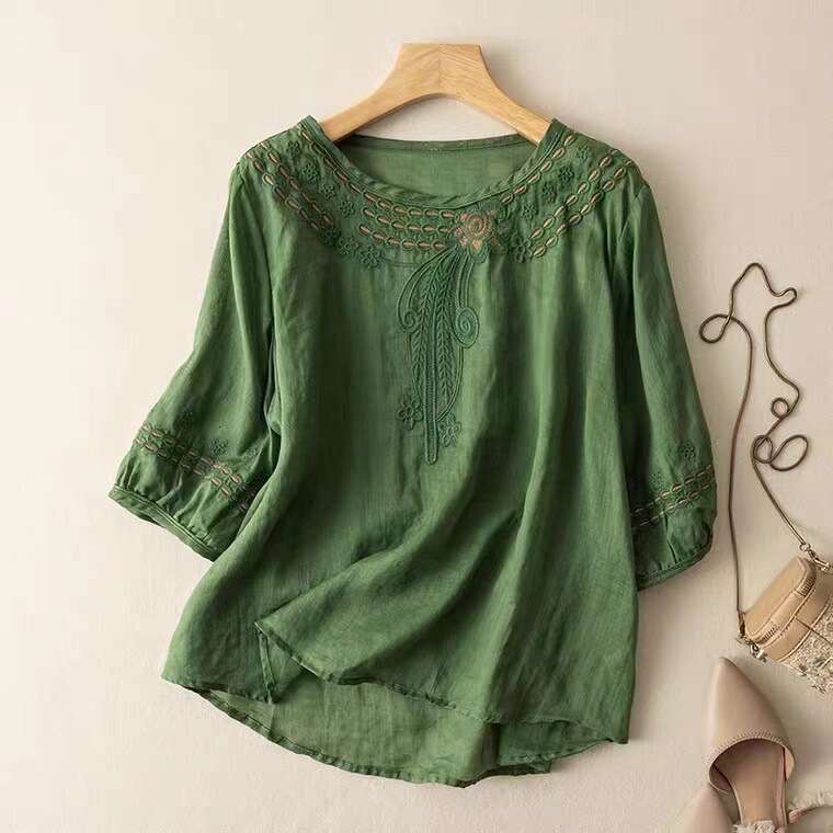 Women Summer Tops Tees Vintage Blouse Short Sleeve Shirt Ruffles Loose Casual Tees Literary Floral Embroidery Cotton And Linen Blous
