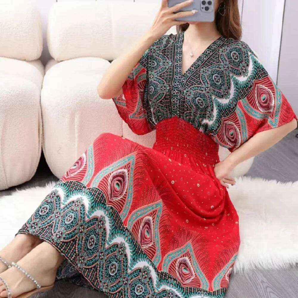 Autumn Chic Sweet Casual Countryside Print V-Neck Batwing Short Sleeve Midi Holiday Dress Fashion women dress