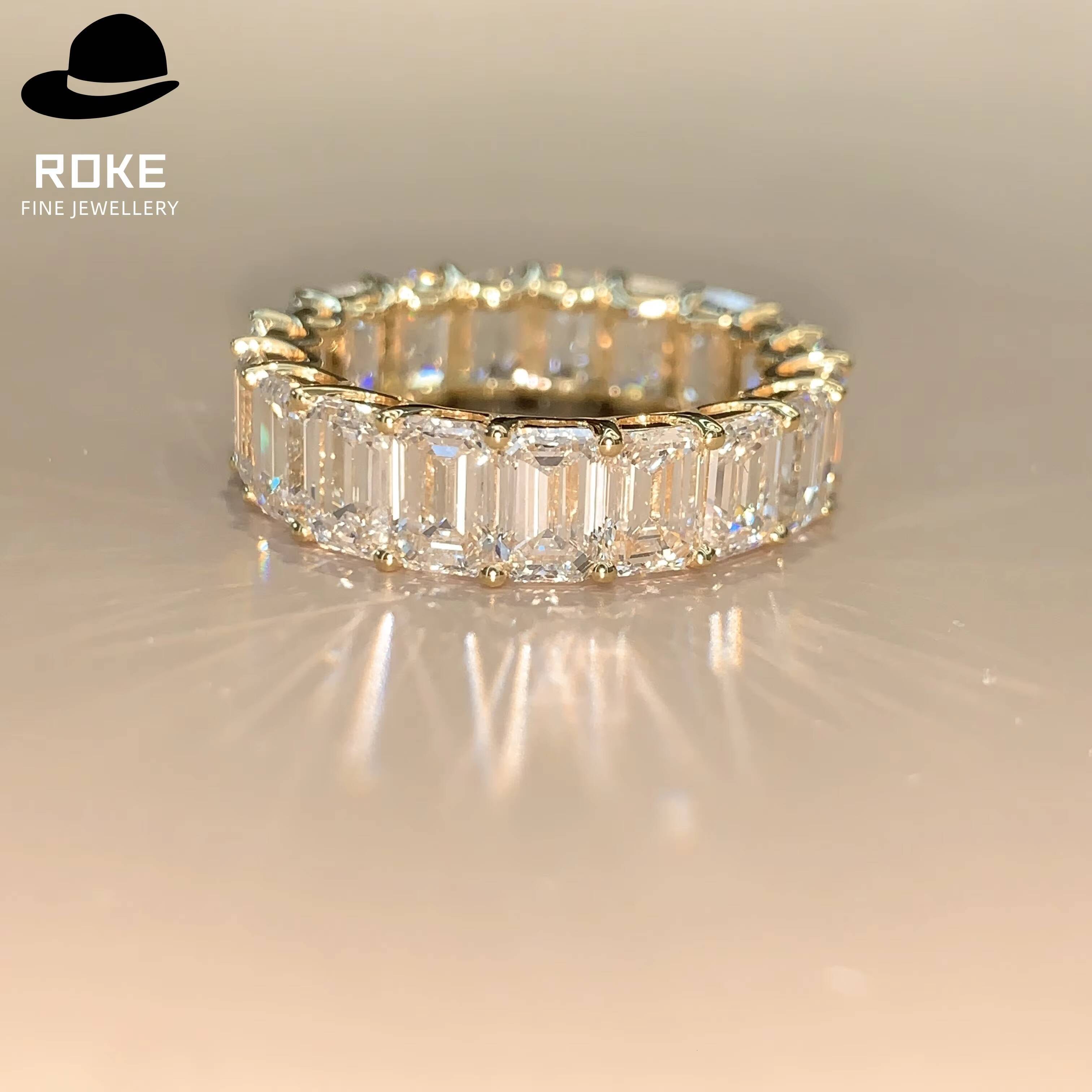 Custom-made 9K-18K Gold Lab Diamond Emerald Cut Ring Gold-toned Bar Setting Band for Womens Wedding Engagement Anniversary Gift