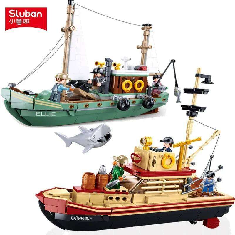 Fishing Trawler Great White Shark Boat Building Blocks Pirate Ship Figures Model Bricks Set Kids DIY Toys Holiday Gifts Z260305